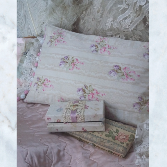 Vintage French Floral Feather Pillow with Lace Pom-Pom Trim