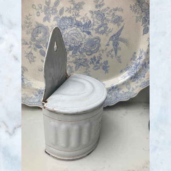 Antique French white enamel salt box